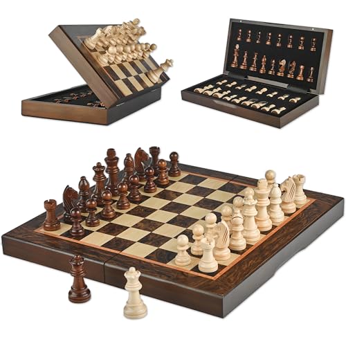 Magnetic Wooden Chess Set,12 Inch Folding Travel Board, Extra Queens