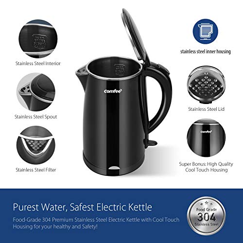 COMFEE' 1.7L Double Wall & Low Noise Electric Kettle with 100% Stainless Steel Inner Pot and Lid. Cool Touch & BPA Free. 1500W Fast Boil. Cordless with Auto Shut-Off & Boil Dry Protection. Black - Thumbnail 2
