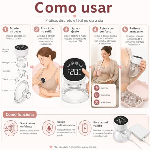 Bomba Extratora de Leite Elétrica Portátil Wearable Recarregável Silenciosa com Tela LED USB para Amamentação