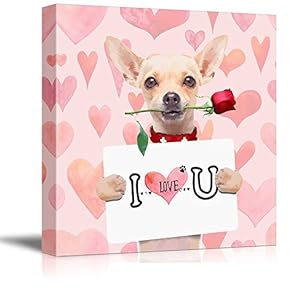 Square Dog Series Canvas Wall Art - Chihuahua Dog Holding a I Love U Board with a Rose in The Mouth - Giclee Print Gallery Wrap Modern Home Art Ready to Hang - 12x12 inches