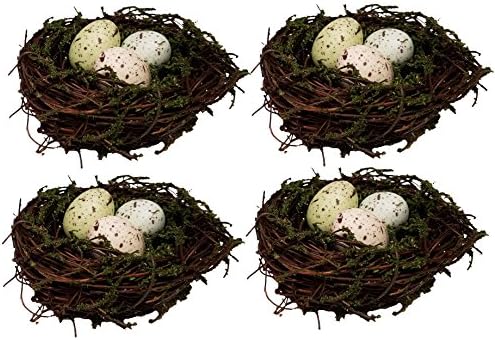 Bird Nest, Twig &amp; Moss with Speckled Eggs, 3", Set of 4
