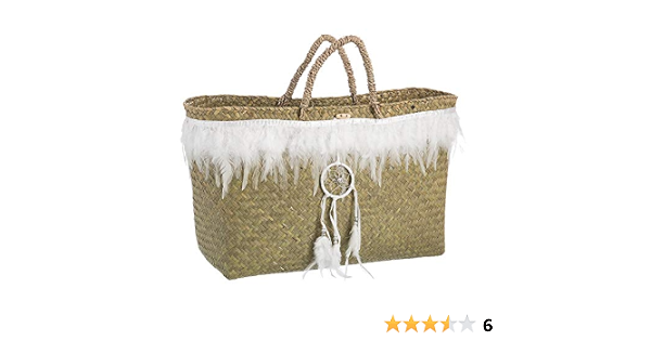 Lola Home Bolso Capazo Paja Plumas 58x35x15 cm, Blanco, 58x35x15Cm :  Zapatos y complementos