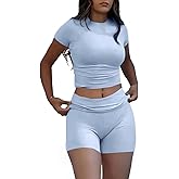 AYWA Women's Two Piece Sets Summer Slim Fitted Short Sleeve Tops Foldover Shorts Matching Lounge Sets