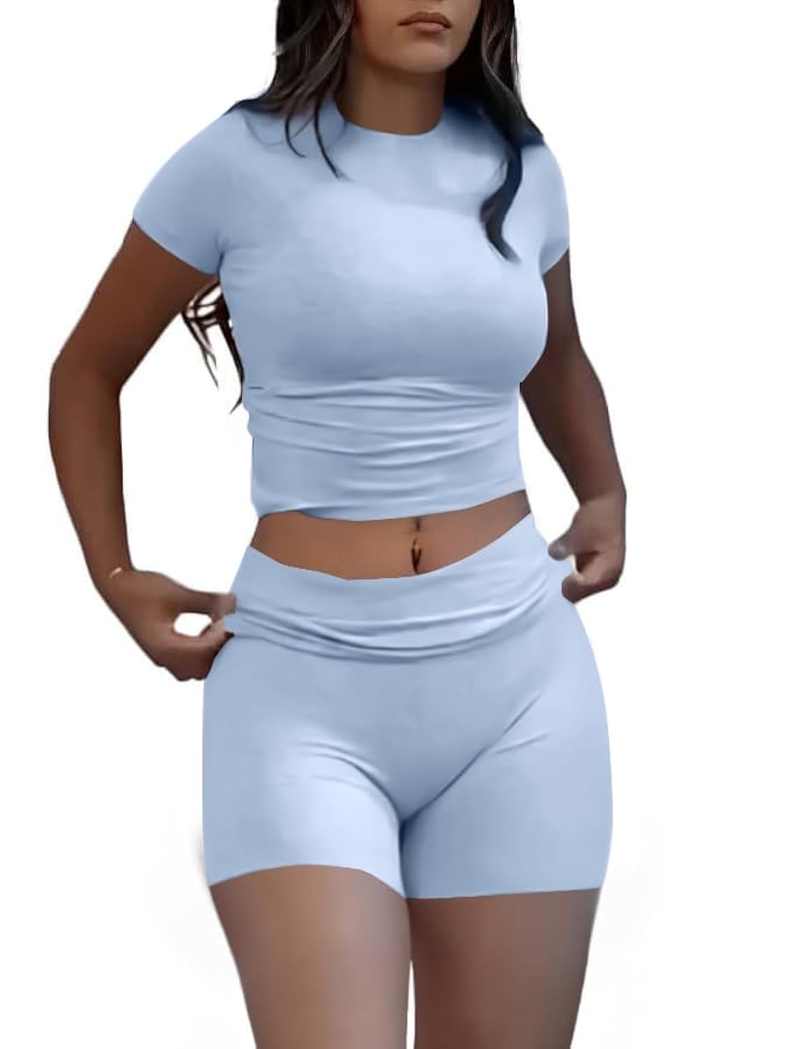 Photo 1 of AYWA Women's Two Piece Sets Summer Slim Fitted Short Sleeve Tops Foldover Shorts Matching Lounge Sets (Haze Blue, Medium)