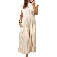 KEOMUD Women Summer Pleated Maxi Dress Casual Short Sleeve Crewneck Flowy  Swing Long Dress with Pockets Beige Small at Amazon Women's Clothing store