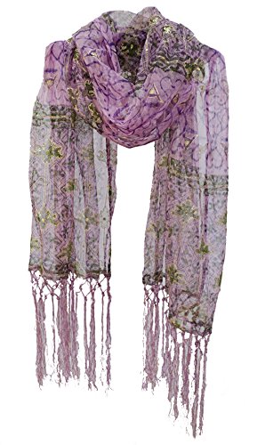 Sheer Block Print Embroidered Tulle Net Scarf Shawl Wrap Stole Fringe Pink