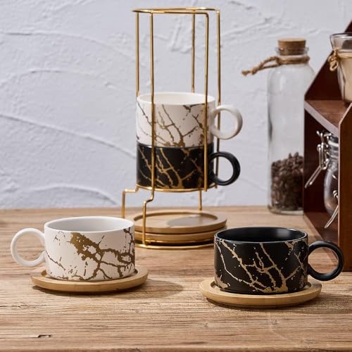 6oz Porcelain Espresso Cups with Metal Stand, 180ml Stackable Ceramic Coffee Mugs Set of 4 for Cappuccino, Latte, Mocha, Tea