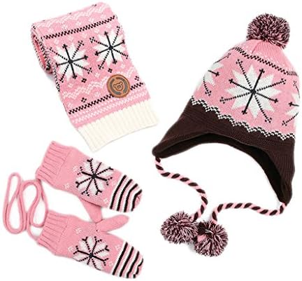 Kid's Knitted Winter Hat Scarf and Mittens Set with Snowflake Pattern All in One