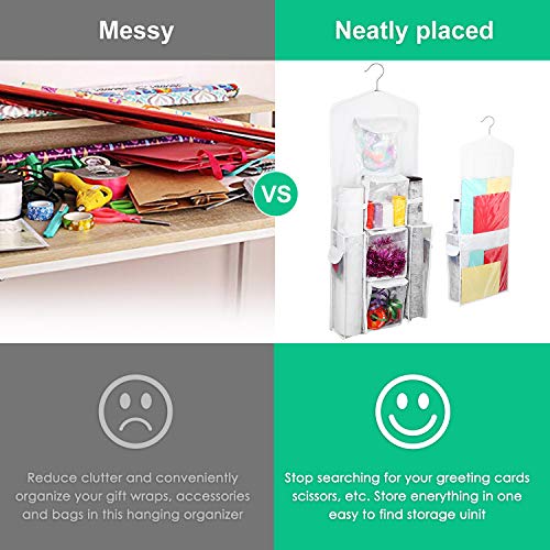 Hanging Gift Bag Wrap Organizer Wrapping Paper Rolls Holder Storage Double-Sided Pockets 40 x 16 Inch Tearproof & Space Saving Closet Gift Bag Organization for Birthday Party Christmas (White) - Thumbnail 4