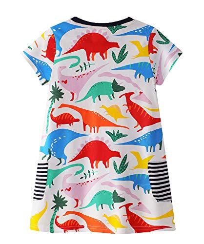 AYOMIS Girl's Cotton Cartoon Short Sleeve Unicorn Casual Dresses(Dinosaur,3T)
