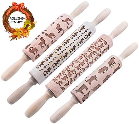 3D Rolling Pin for Kids Embossed Wooden Rolling Pins for Baking Cookies Dog Cat Deer Cow