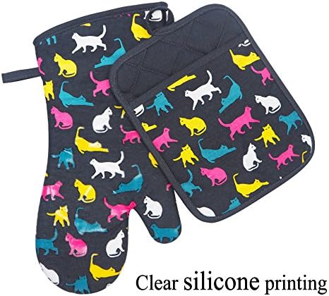 Heat Resistant Kitchen Oven Mitts With transparent Non-slip Silicone Printed on cats design, oven gloves and pot holder set for BBQ cooking baking, Grilling, Barbecue, microwave, Machine Washable GREY