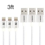 ZGEM 3Pack 3FT Nylon Braided Data Sync Charging Cable Cord For iPhone 7, 7 plus, 6, 5, iPad Air Mini Pro on iOS10 (Silver)
