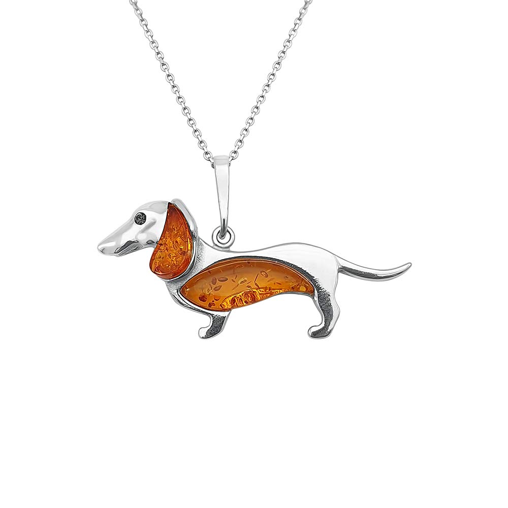 Kiara Jewellery 925 Sterling Silver Dachshund/Sausage Dog Pendant Necklace Inlaid With Brown Baltic Amber On Italian Sterling Silver 18" BelcherChain.