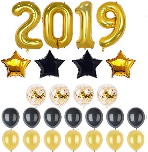 2019 Balloons Decorations Banner Gold Number 2019 Foil Balloons Sign | Balck 18 inches Star Balloon | Black and Gold Balloons | Graduations Party Supplies 2019| New Years Eve Party Supplies 2019