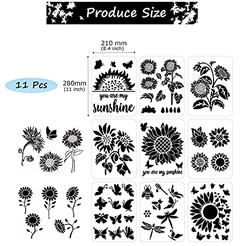 Sunflower Stencil, 11 Pcs A4 Size Reusable Butterfly Sun Flower Stencils for Painting on Wood Canvas Bee Dragonfly Stencil Kit for Drawing on Walls DIY Mylar Template, 8.4 x 11 inch