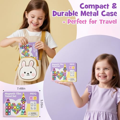 MEIQ 42-Piece Mini Magnetic Tiles Travel Set with Metal Storage Box - Portable STEM Building Blocks for Kids Ages 3-8, Montessori Educational Toys for Airplane & Car Rides, Gift for Boys & Girls