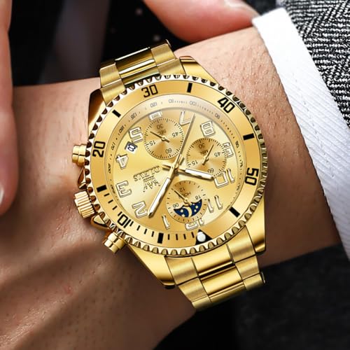 OLEVS Watches Men Waterproof Luxury Big Face Mens Watch Stainless Steel Day Date Quartz Analog Dress Watches for Men Luminous Relojes De Hombre (Green/Blue/Black/Gold)