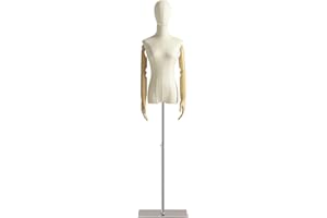 MADAMERA Female Mannequin Dress Form Torso, Display Mannequin Body with Detachable Head, Wooden Hands and Silver Adjustable Height Stand, for Dress Jewelry Display