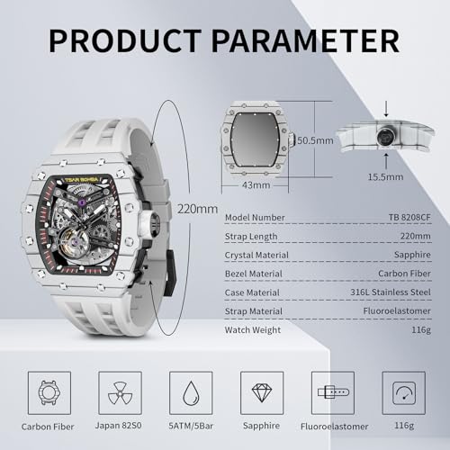 TSAR BOMBA Men's Automatic Watch Skeleton Watch Luxury Barrel Mechanical Watch 50m Waterproof Analog Watch
