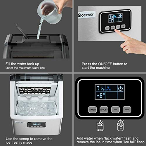 COSTWAY Ice Maker Countertop, 48LBS/24H Automatic Ice Stainless Steel