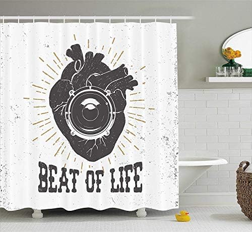 ewtretr Vintage Shower Curtain, Beat of Life Quote Artworks Poster Human Heart with Stereo Speaker Grunge Stamp, 60 * 72inch, Black White Beautiful