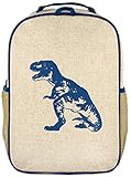 SoYoung Grade School BackPack - Raw Linen, Eco-Friendly, Non-Toxic, Retro-Inspired Design - Blue Dinosaur