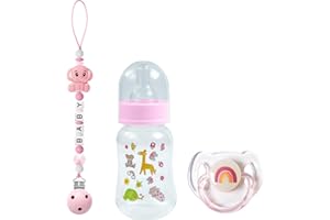 SCOM Reborn Baby Dolls Accessories Set - Rainbow Transparent Magnetic Pacifiers & Removable Reusable Baby Doll Bottles with Silicone Pacifier Clips for Reborn Dolls Girls, Pink Style, 3 Pcs