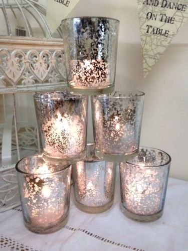 Set of 6 Mercury Glass Silver Tea Light Holders Candle Votive Wedding Decoration