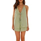 Djbdesi Women Summer Shorts Set Y2k Open Back Halter Cami Top Tie Front Tank Vest Top and Shorts Beach Lounge Outfit