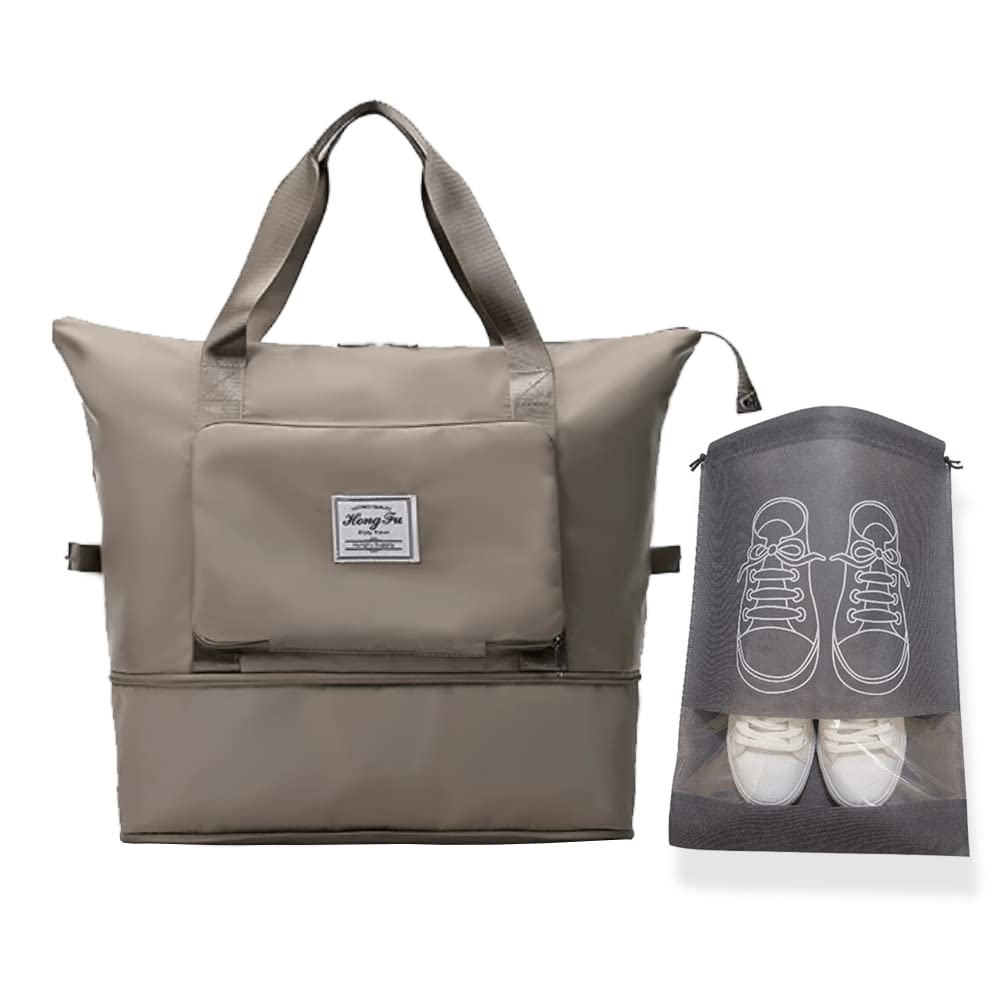 PINC® Foldable Travel Duffel Bag, Gym Duffel Bag, Sports Tote Gym Bag, Waterproof Beach Bag, Large Capacity Duffel Bag for Men and Women (Khaki) + Shoe Bag (Grey)