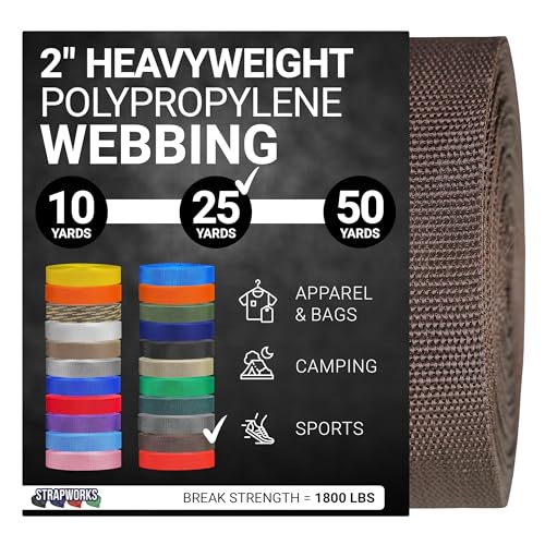 Strapworks Heavyweight Polypropylene Webbing - Heavy Duty Poly Strapping for Outdoor DIY Gear Repair, 2 Inch x 25 Yards - Brown