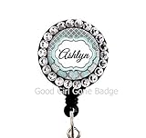 Retractable Badge Reel - Blue Grey Damask Trellis with Swarovski Rhinestones - Personalized Name - Badge Holder