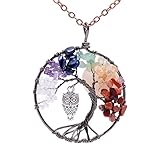 Cute Owl Natural Amethyst Rainbow Tree of Life Necklace Antique Copper Full Moon Vintage Owl Birthstones Necklace Tumble Raw Stone Wire Wrapped Pendent Jewelry for Women
