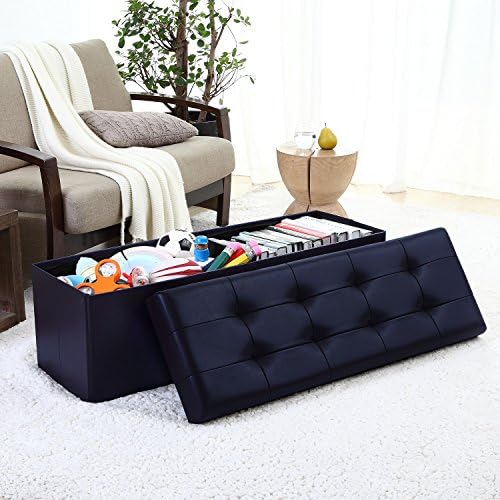 Ellington Home Foldable Tufted Faux Leather Large Storage Ottoman Bench Foot Rest Stool/Seat - 15" x 45" x 15" (Navy)