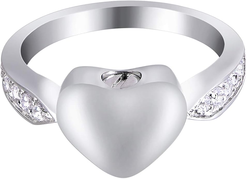 Crystal Inlay Love Heart Cremation Urn Ring Hold Loved Ones Ashes