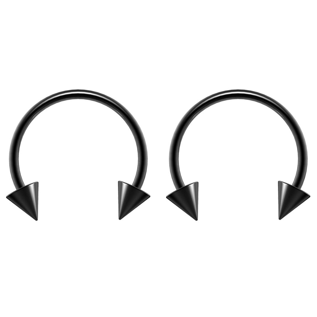 Bling Piercing 2pc 1.2mm 16g Surgical Stainless Steel Black Horseshoe Bar Hoop 4mm Spike Circular Barbells Earrings Cartilage Helix Septum Nose Lip Rings - 12mm