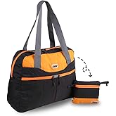 GOX Ultra Light Foldable Packable Tote Bag Weekender Crossbody Duffel Nylon for Women Small Travel Tote under Seat Shoulder Bag on Plane Extra Large Bag with Zipper (Black&Orange)