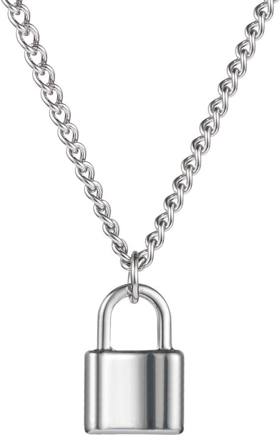 Lock Key Pendant Necklace Long Chain Punk Multilayer Statement Choker Necklace for Women Teen Girls Boys, 2 Layered Lock Key Pendants Necklaces Set,Stainless Steel Jewelry Pack