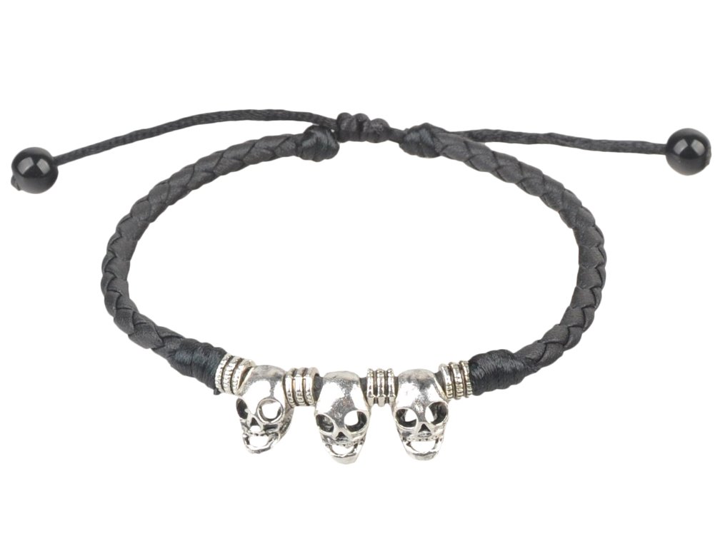 Black Braided Leather Skull Anklet – Adjustable Bracelet with 3 Silver Skull Beads and Metal Spacers – Unisex Gothic Jewellery (23 cm / 9 inch)