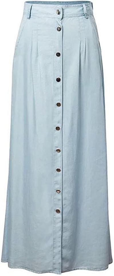 Joeoy Women's High Waist Button Up A-Line Denim Maxi Long Skirt