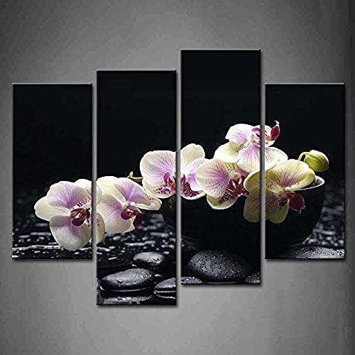 TMD Shop 4 Panel Wall Art Still Life With Branch Orchid With Therapy Stones Painting The Picture Print On Canvas Flower Pictures For Home Decor Decoration Gift piece