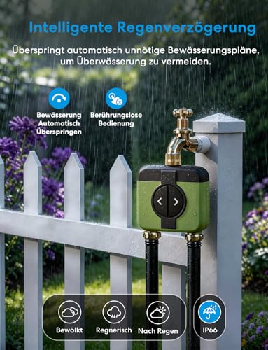 Meross Irrigation Computer WLAN 2 Outputs MST200, Automatic Watering & Remote Control, Rain Delay & Water Consumption Monitor, Compatible with Apple Home, Alexa & Google Home, Green, 2.4GHz