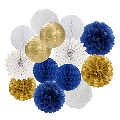 Navy-Blue White Gold Party Decorations - 14pcs Kits Paper Lanterns Fan,Tissue Flower Pom Poms Streamers,Honeycomb Balls,Graduation 2025 Men Birthday Wedding Baby Bridal Shower Decor Lasting Surprise