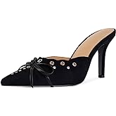 DOEYG Women Pointed Toe Bow Heels Mules Slip on Stiletto Heels Sandals Dress Party Wedding Studded Heels Pumps