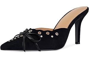 DOEYG Women Pointed Toe Bow Heels Mules Slip on Stiletto Heels Sandals Dress Party Wedding Studded Heels Pumps
