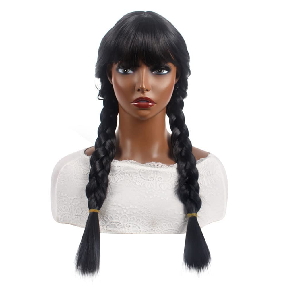 Braided Black Pigtail Wig With Bangs for Women Girls - Long Straight Hair for Halloween Costume Cosplay With Caps (Black)