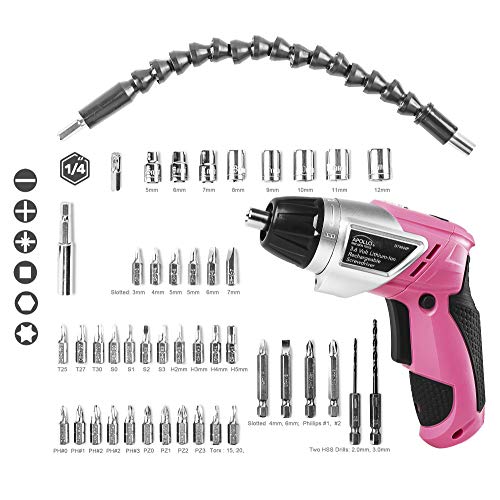 Apollo Tools DT4944P 3.6 volt Lithium-Ion Rechargeable Screwdriver with 45 pc Accessory Set Pink