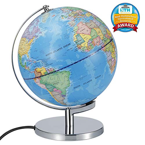 Illuminated World Globe lamp- Larger Size 12"-2-in-1 Geographic Globes with LED Light Desktop World Globe with Stand Discovery Educational World Globes for Kids - Geography Learning Toy