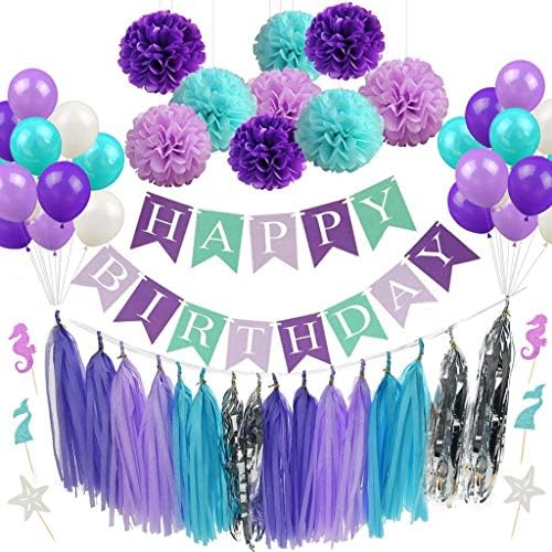 Menney Mermaid Party Decorations Girl Party Supplies Kit - 56 PCS Purple Balloons, Tassel Garland Banner, Pom Poms, Cupcake Toppers & Happy Birthday Banner for Baby Shower